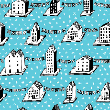 Vector christmas seamless pattern with hand drawn houses and ornaments. Can be printed and used as wrapping paper, wallpaper, textile, card. EPS 10のイラスト素材