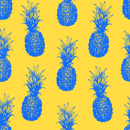 A Vector hand drawn seamless pattern with pineapple. Tropical summer fruit retro engraved style illustration. Can be use for advertising, packaging, greeting cards, posters. Bright summer background.のイラスト素材