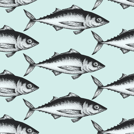 Hand drawn sketch of seafood background seamless pattern illustration which can be use for menu or packaging design.のイラスト素材