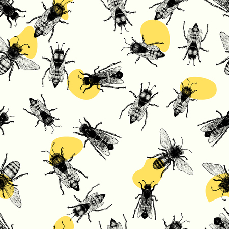 Vector seamless pattern with crawling bees. Vintage style. Inteligent illustrationのイラスト素材
