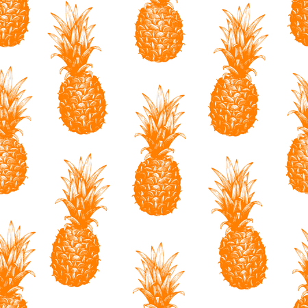 Vector hand drawn seamless pattern with pineapple. Tropical summer fruit retro engraved style illustration. Can be use for adversiting, packaging, greeting cards, posters. Bright summer background.のイラスト素材