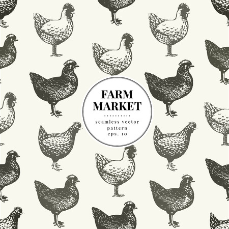 Seamless farm vector pattern. Graphical hen silhouette, hand drawn vintage illustrations. Retro farm birds background.のイラスト素材