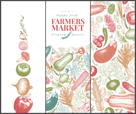 Vegetables hand drawn vector banner set. Vintage engraved style illustrations. Can be use for menu, label, packaging, flyer, farm market products.のイラスト素材