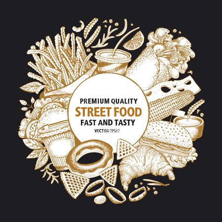 Fast food hand drawn vector illustration. Street food banner design template. Can be use for fast food restaurant or cafe menu or packaging design.のイラスト素材