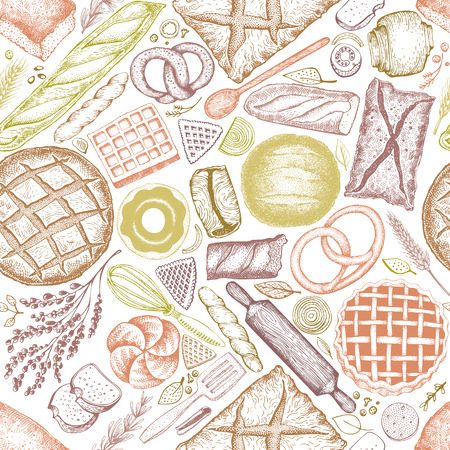 Bakery top view background. Hand drawn vector seamless pattern with bread and pastry. Retro illustration. Can be use for menu, packaging.のイラスト素材