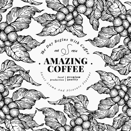 Coffee tree banner template. Vector illustration. Vintage coffee frame. Hand drawn engraved style illustration.のイラスト素材
