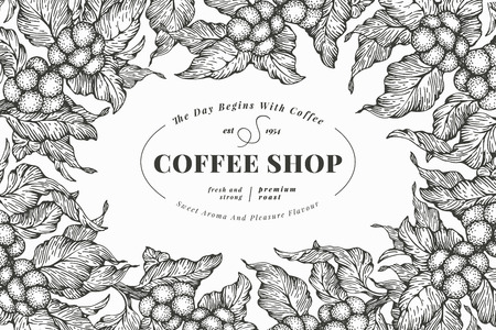 Coffee tree banner template. Vector illustration. Vintage coffee frame. Hand drawn engraved style illustration.のイラスト素材