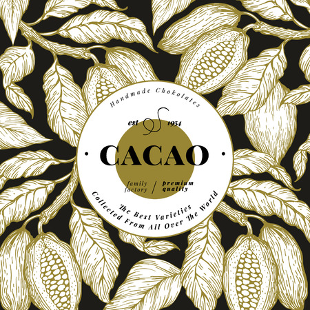 Cocoa bean tree banner template. Chocolate cocoa beans background. Vector hand drawn illustration. Vintage style illustration.のイラスト素材