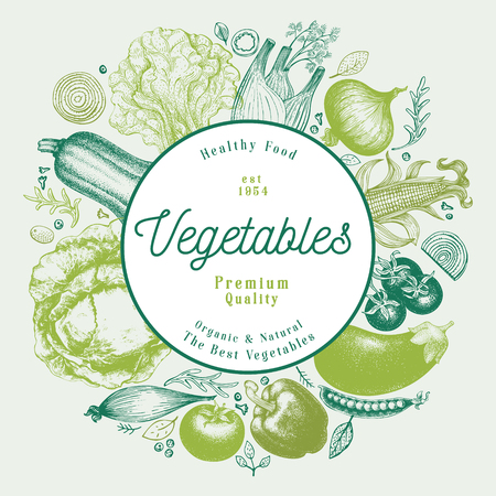 Vegetables hand drawn vector illustration. Retro engraved style frame design. Can be use for menu, label, packaging, farm market products.のイラスト素材