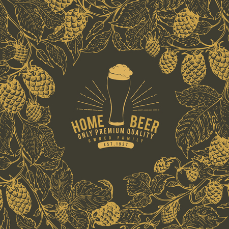 Beer hop design template. Retro beer background. Vector hand drawn hop illustration. Vintage style frame.のイラスト素材