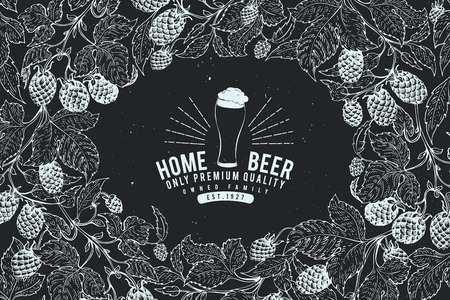 Beer hop design template. Retro beer background. Vector hand drawn hop illustration on chalk board. Vintage style frame.のイラスト素材