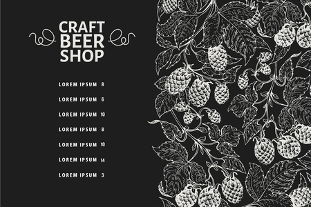 Beer menu design template. Retro beer background. Vector hand drawn hop illustration on chalk board. Vintage style banner.のイラスト素材