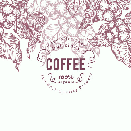 Coffee tree banner template. Vector illustration. Retro coffee background. Hand drawn engraved style illustration.のイラスト素材