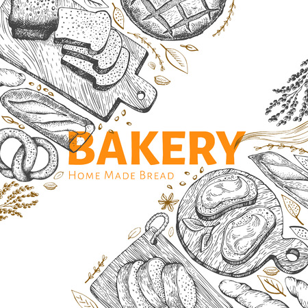 Vector bakery hand drawn illustration. Background with bread and pastry. Vintage design template. Can be use for menu, packaging.のイラスト素材