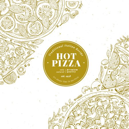Pizza design template. Hand drawn vector fast food illustration. Sketch style vintage Italian pizza background.のイラスト素材