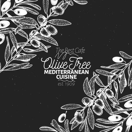 Olive tree banner template. Vector vintage illustration. Hand drawn engraved style background. Design for olive oil, olive packaging, natural cosmetics, health care products. Retro style image.のイラスト素材