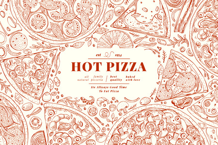 Italian pizza and ingredients frame. Italian food banner design template. Retro hand drawn vector illustration. Can be use for menu or packaging.のイラスト素材