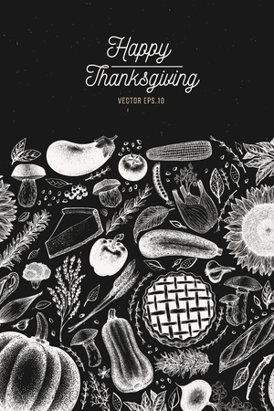 Greeting Thanksgiving card in vintage style. Happy Thanksgiving Day design template. Vector hand drawn illustrations on chalk board. Banner with harvest, vegetables, pastry, bakery. Autumn background.のイラスト素材