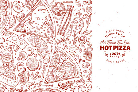 Italian pizza and ingredients frame. Italian food banner design template. Retro hand drawn vector illustration. Can be use for menu or packaging.のイラスト素材