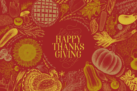 Happy Thanksgiving Day background. Vector hand drawn vintage illustration. Greeting Thanksgiving card template. Frame with harvest, vegetables, pastry, bakery. Autumn background.の写真素材