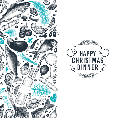 Happy Christmas Dinner design template. Vector hand drawn illustrations. Greeting card in vintage style. Background with meal vegetables, bakery, seafood, fish. Great for invitation, menu coverのイラスト素材