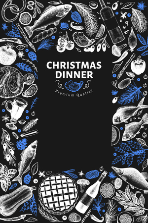 Happy Christmas Dinner design template. Vector hand drawn illustrations on chalk board. Vintage style card. Frame with meal vegetables, pastry, bakery, seafood, fish. Great for invitation, menu coverのイラスト素材