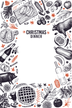 Happy Christmas Dinner design template. Vector hand drawn illustrations. Greeting card in vintage style. Frame with harvest, vegetables, pastry, bakery, meat. Can be use for invitation or menu coverのイラスト素材
