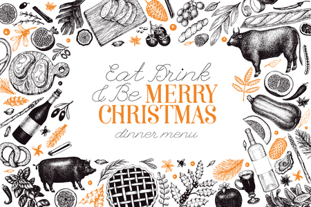Happy Christmas Dinner design template. Vector hand drawn illustrations. Greeting card in vintage style. Frame with harvest, vegetables, pastry, bakery, meat. Can be use for invitation or menu coverのイラスト素材