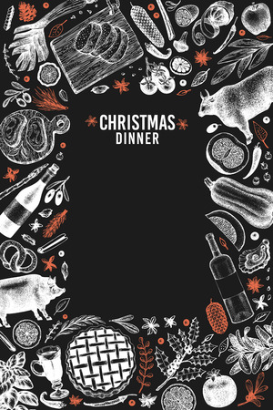 Happy Christmas Dinner design template. Vector hand drawn illustrations on chalk board. Vntage style card. Frame with harvest, vegetables, pastry, bakery, meat. Can be use for invitation or menu coverのイラスト素材