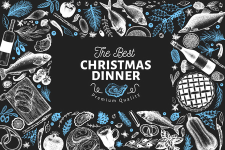 Happy Christmas Dinner design template. Vector hand drawn illustrations on chalk board. Vintage style card. Frame with meal vegetables, pastry, bakery, seafood, fish. Great for invitation, menu coverのイラスト素材