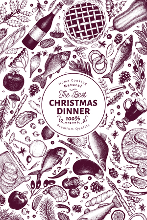 Happy Christmas Dinner design template. Vector hand drawn illustrations. Greeting card in vintage style. Background with harvest, vegetables, bakery, seafood, fish. Great for invitation, menu coverのイラスト素材