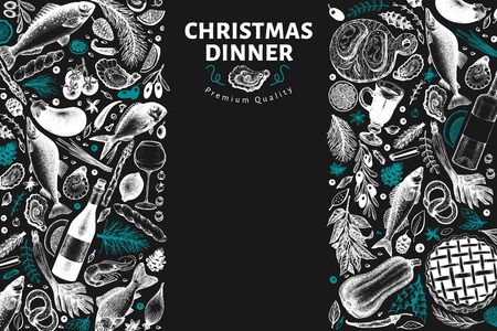 Happy Christmas Dinner design template. Vector hand drawn illustrations. Greeting card in vintage style. Background with harvest, vegetables, bakery, seafood, fish. Great for invitation, menu coverのイラスト素材