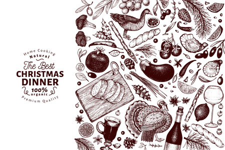 Happy Christmas Dinner design template. Vector hand drawn illustrations. Greeting card in vintage style. Frame with harvest, vegetables, pastry, bakery, meat. Great for invitation or menu coverのイラスト素材