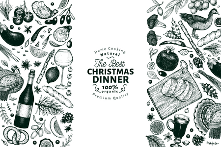 Happy Christmas Dinner design template. Vector hand drawn illustrations. Greeting card in vintage style. Frame with harvest, vegetables, pastry, bakery, meat. Great for invitation or menu coverのイラスト素材