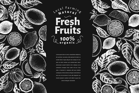 Retro citrus banner template. Lemon tree design. Hand drawn vector fruit illustration on chalk board. Engraved vintage style menu cover.のイラスト素材