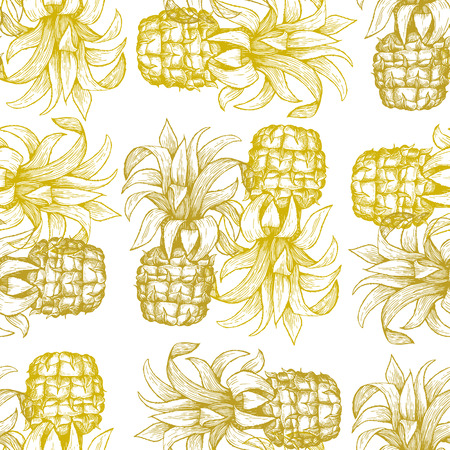 Pineapple seamless pattern. Hand drawn vector tropical fruit illustration. Engraved style ananas fruit. Vintage botanical background.のイラスト素材