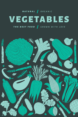 Cartoon hand drawn vegetables design template. Food background. Linocut style. Healthy food. Vector illustration on dark backgroundのイラスト素材