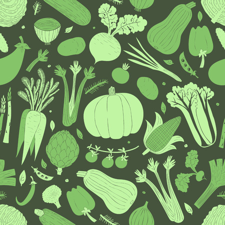 Cartoon hand drawn vegetables seamless pattern. Food background. Linocut style. Healthy food. Vector illustrationの写真素材