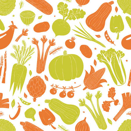 Cartoon hand drawn vegetables seamless pattern. Food background. Linocut style. Healthy food. Vector illustrationの写真素材