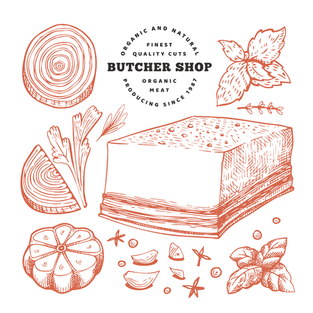 Retro vector meat illustration. Hand drawn bacon, spices and herbs. Raw food ingredients. Vintage sketch. Can be use for label, restaurant menu.のイラスト素材