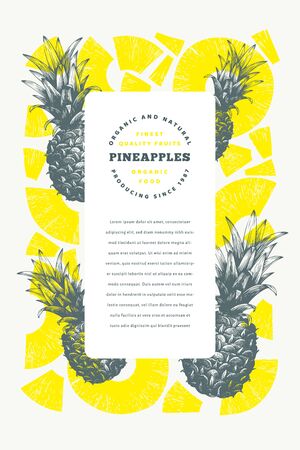 Pineapples design template. Hand drawn vector tropical fruit illustration. Engraved style ananas fruit banner. Vintage botanical frame.のイラスト素材