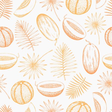 Melon and tropical leaves seamless pattern. Hand drawn vector exotic fruit illustration. Engraved style fruit frame. Vintage botanical banner.のイラスト素材