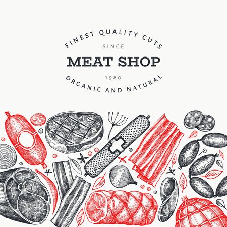 Retro vector meat products design template. Hand drawn ham, sausages, jamon, spices and herbs. Raw food ingredients. Vintage illustration. Can be use for label, restaurant menu.のイラスト素材