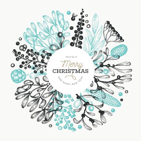 Christmas hand drawn vector greeting card template. Botanical design. Retro style illustrationのイラスト素材