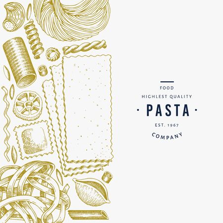Italian pasta design template. Hand drawn vector food illustration. Engraved style. Retro pasta different kinds background.のイラスト素材