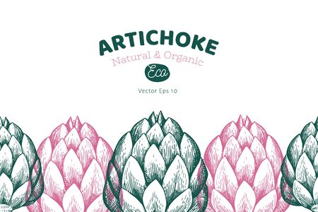 Artichoke vegetable design template. Hand drawn vector food illustration. Engraved style vegetable frame. Vintage botanical banner.の写真素材