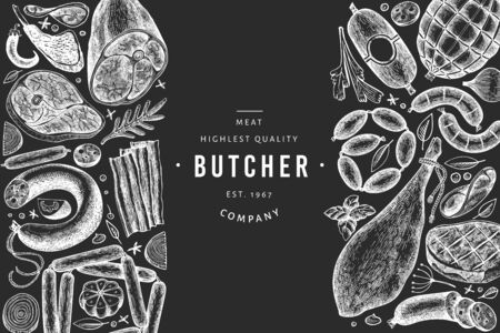 Retro vector meat products design template. Hand drawn ham, sausages, jamon, spices and herbs. Raw food ingredients. Vintage illustration on chalk board. Can be use for label, restaurant menu.の写真素材