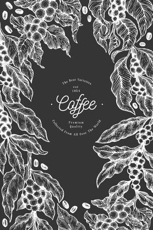 Coffee tree branch vector illustration. Retro coffee background. Hand drawn engraved style illustration on chalk board.のイラスト素材