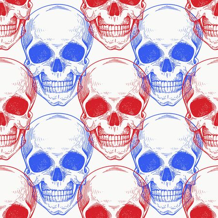 Human scull color seamless pattern. Hand drawn vector skeleton illustration. Engraved style. Retro halloween illustration.の写真素材
