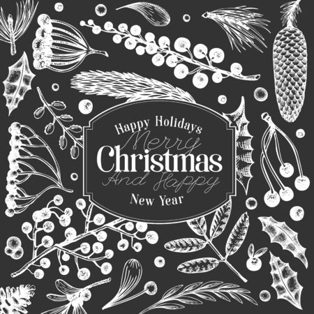 Christmas banner template. Vector hand drawn illustrations on chalk board. Greeting card design in vintage style. Winter backgroundのイラスト素材